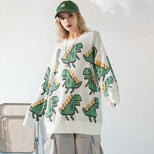 Madqiaoyi T.O.P Dinosaur Knit Sweater Cream/Green Oversized XL